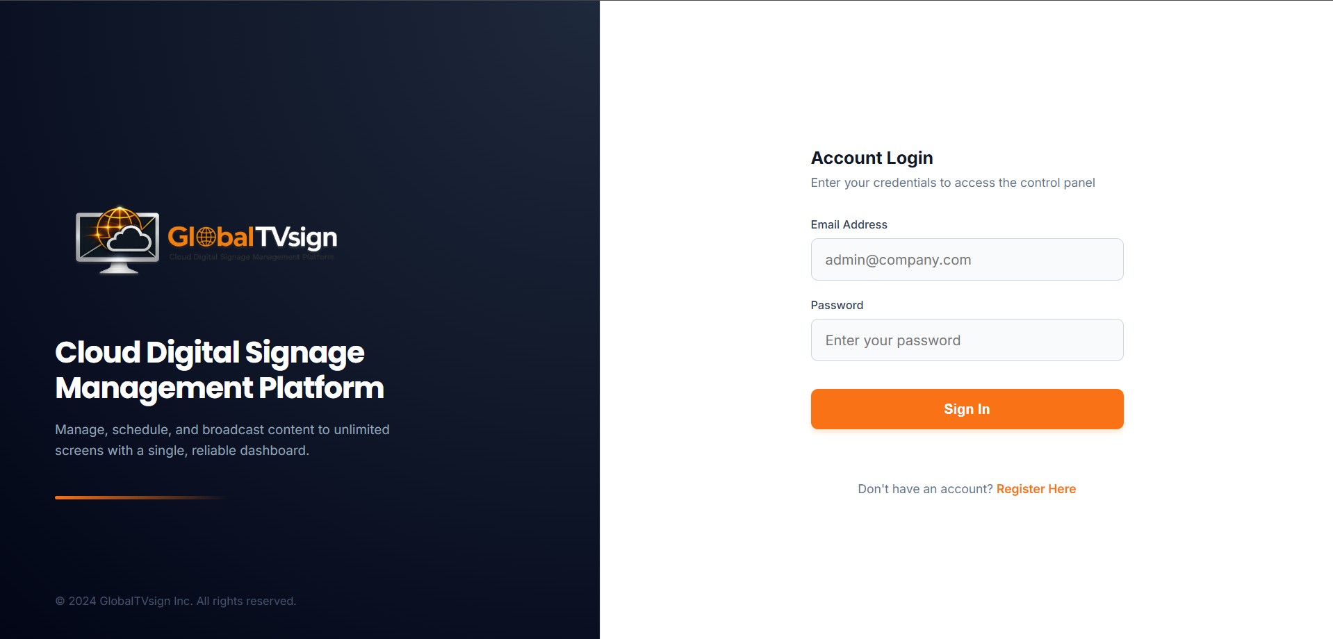 GlobalTVsign Login Page