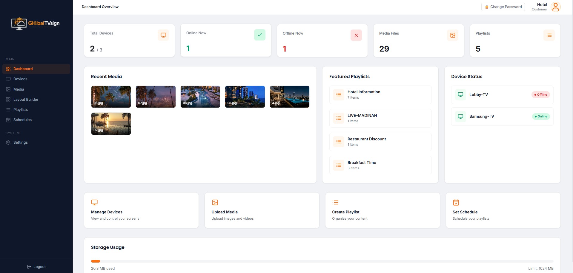 GlobalTVsign Customer Dashboard