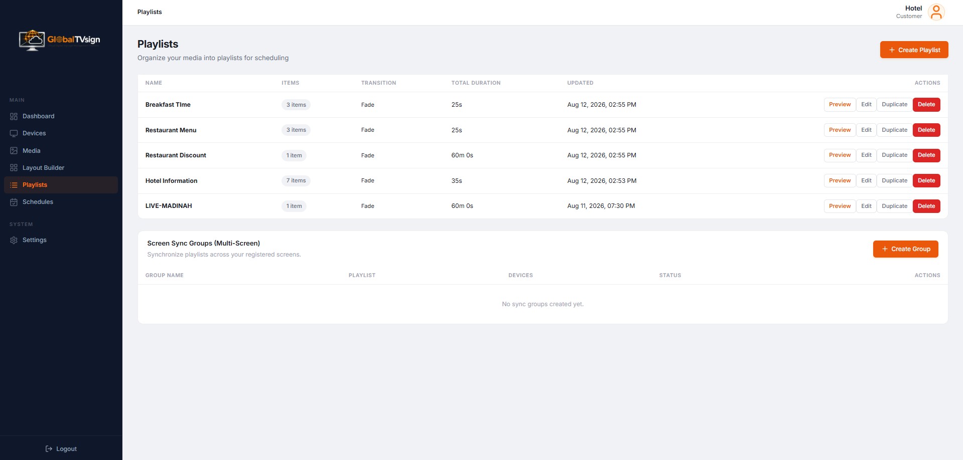 GlobalTVsign Playlists Page