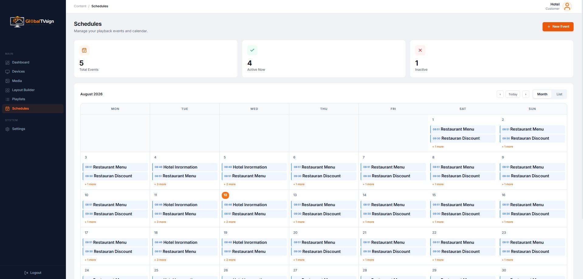 GlobalTVsign Schedules Page
