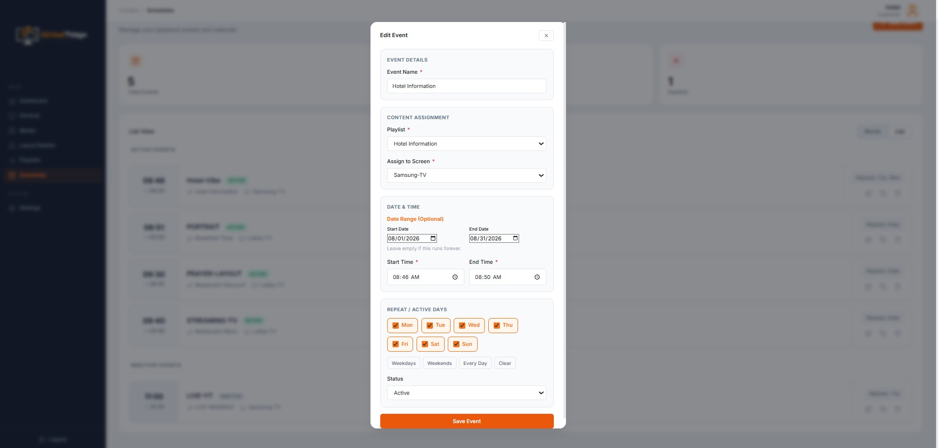 GlobalTVsign Create Schedule Modal