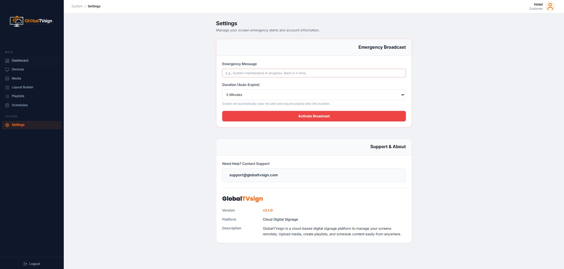 GlobalTVsign Customer Settings Page